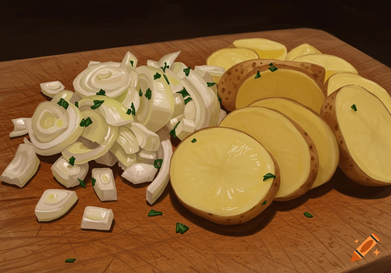 Sliced yellow potatoes and chopped white onions with green herbs on a wooden cutting board, painterly style.