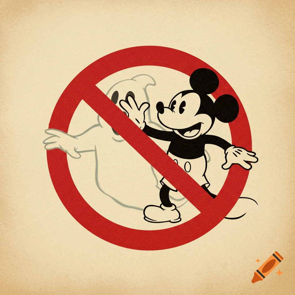 Vintage Mickey Mouse and a ghost inside a red prohibition circle, styled as the Ghostbusters 'no ghost' logo.