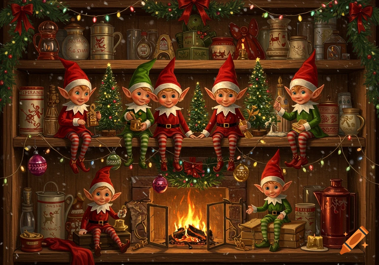 A group of festive elves in red and green outfits sit on wooden shelves and by a fireplace, surrounded by Christmas trees, ornaments, and twinkling lights.