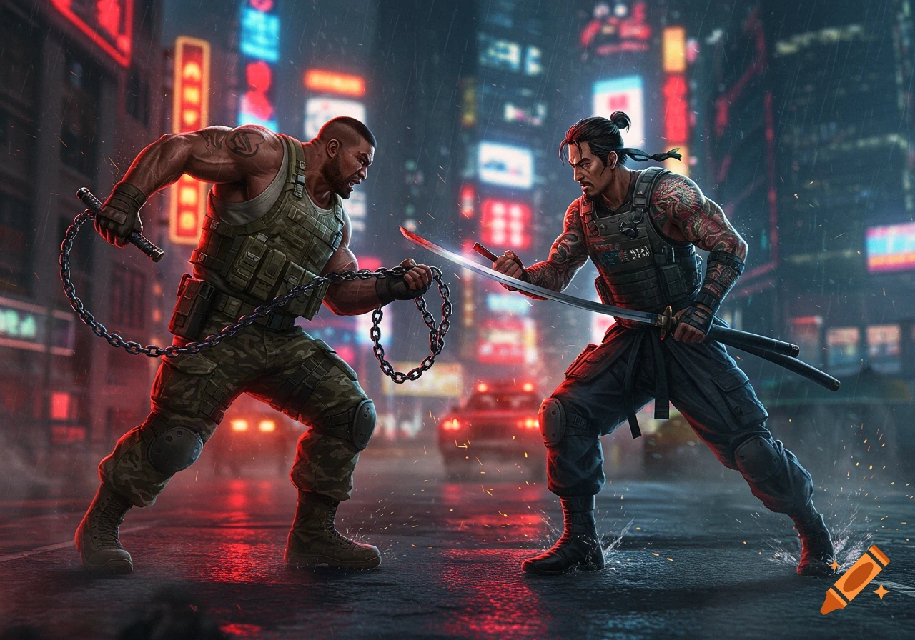 Two muscular men, one with a chain weapon and another with a katana, face off in a rainy, neon-lit cyberpunk city.