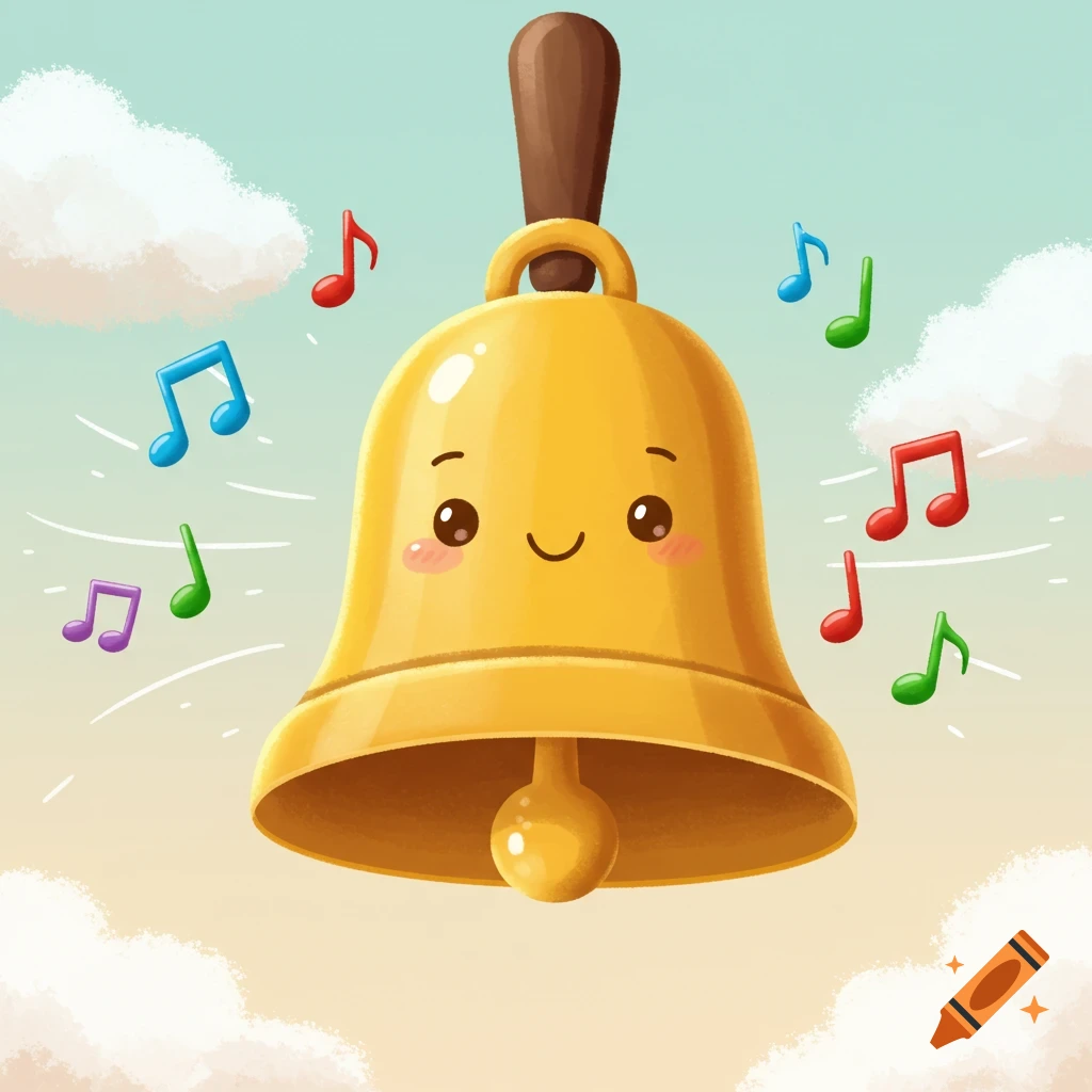 A cute, smiling golden bell with colorful musical notes floating around it in a watercolor sky.
