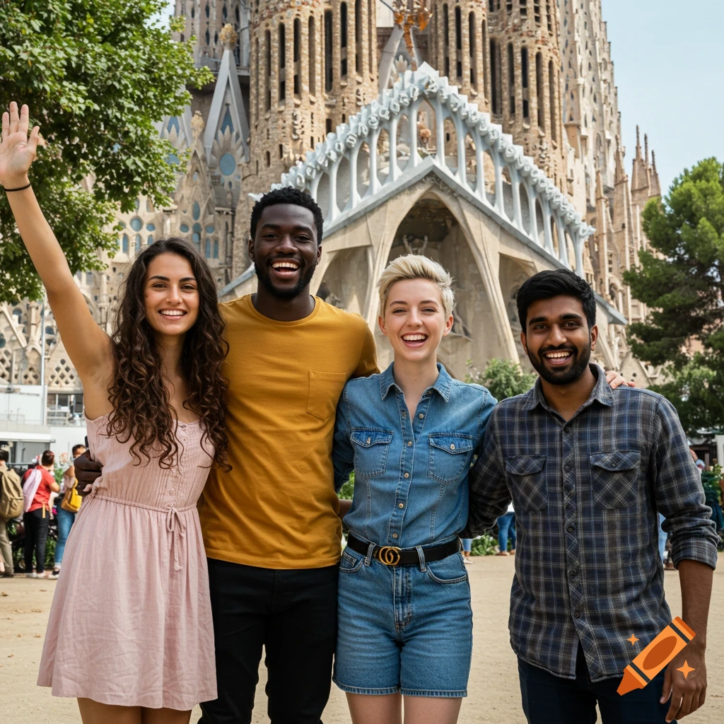 Four smiling young people pose in front of the Sagrada Familia in Barcelona on a sunny day.
