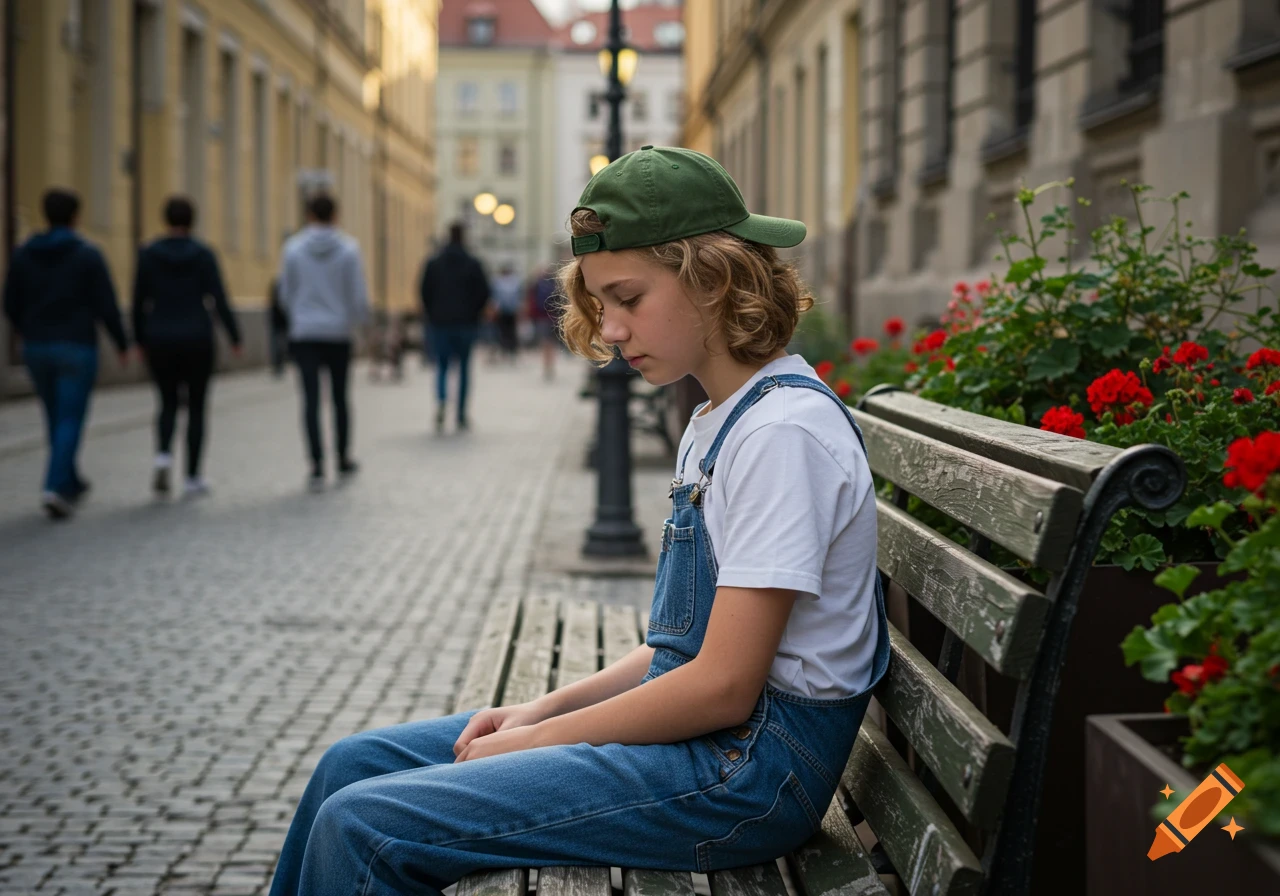 Pensive boy with wavy blonde hair and a green cap sits on a bench on a bustling cobblestone city street with red flowers.