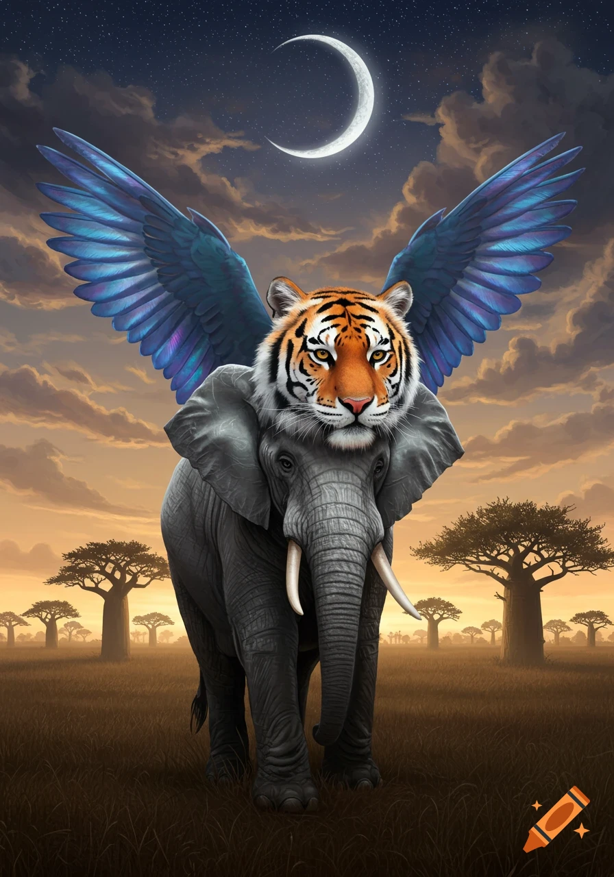 Fantastical winged elephant with a tiger head stands in a savanna at dusk under a crescent moon.