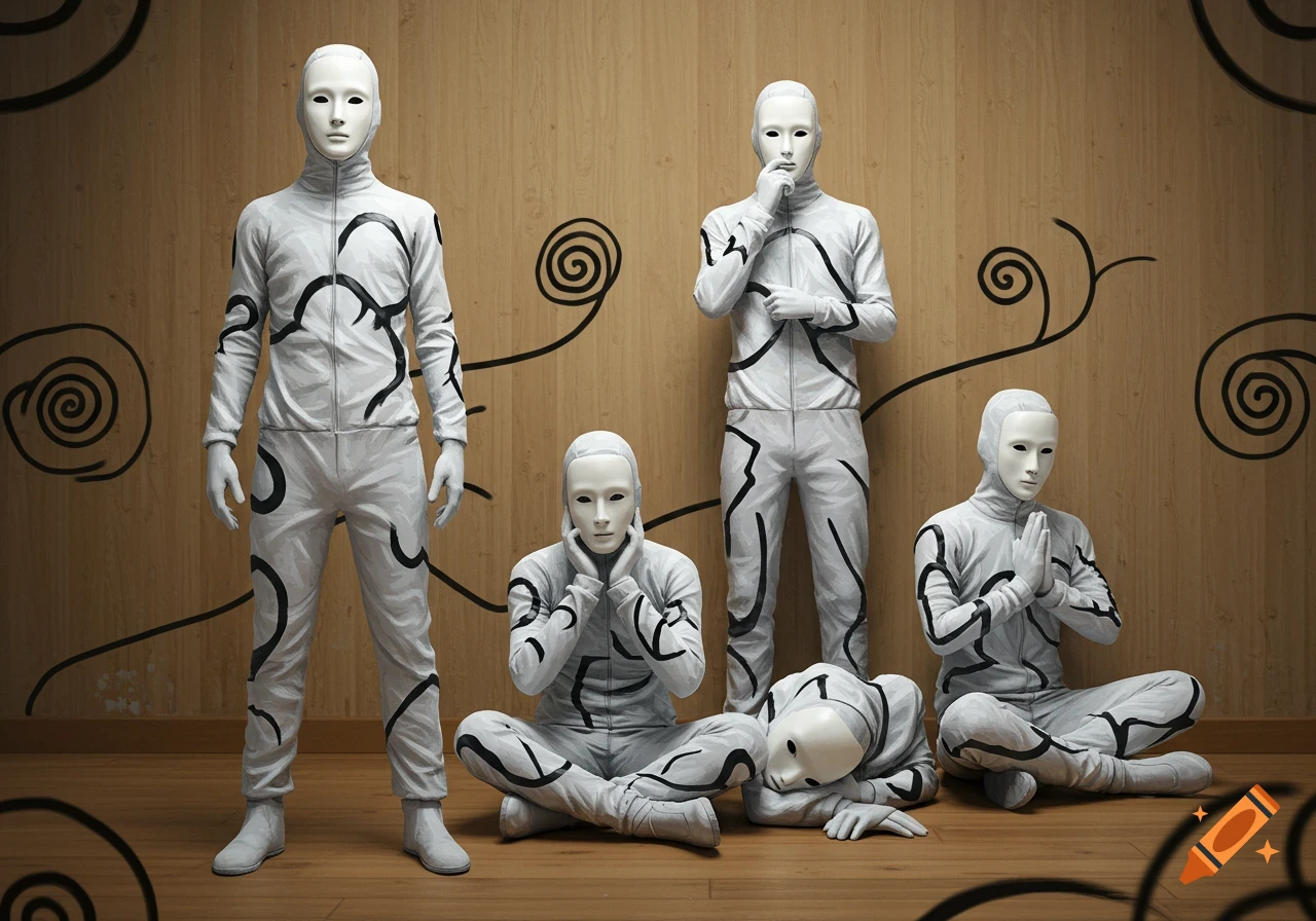 Five masked figures in white suits with black patterns, in various poses against a wooden wall with black spiral designs.