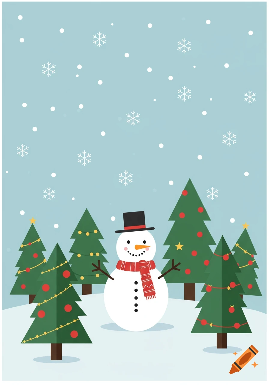 Cute flat design illustration: snowman with top hat and red scarf, surrounded by decorated Christmas trees in snow.