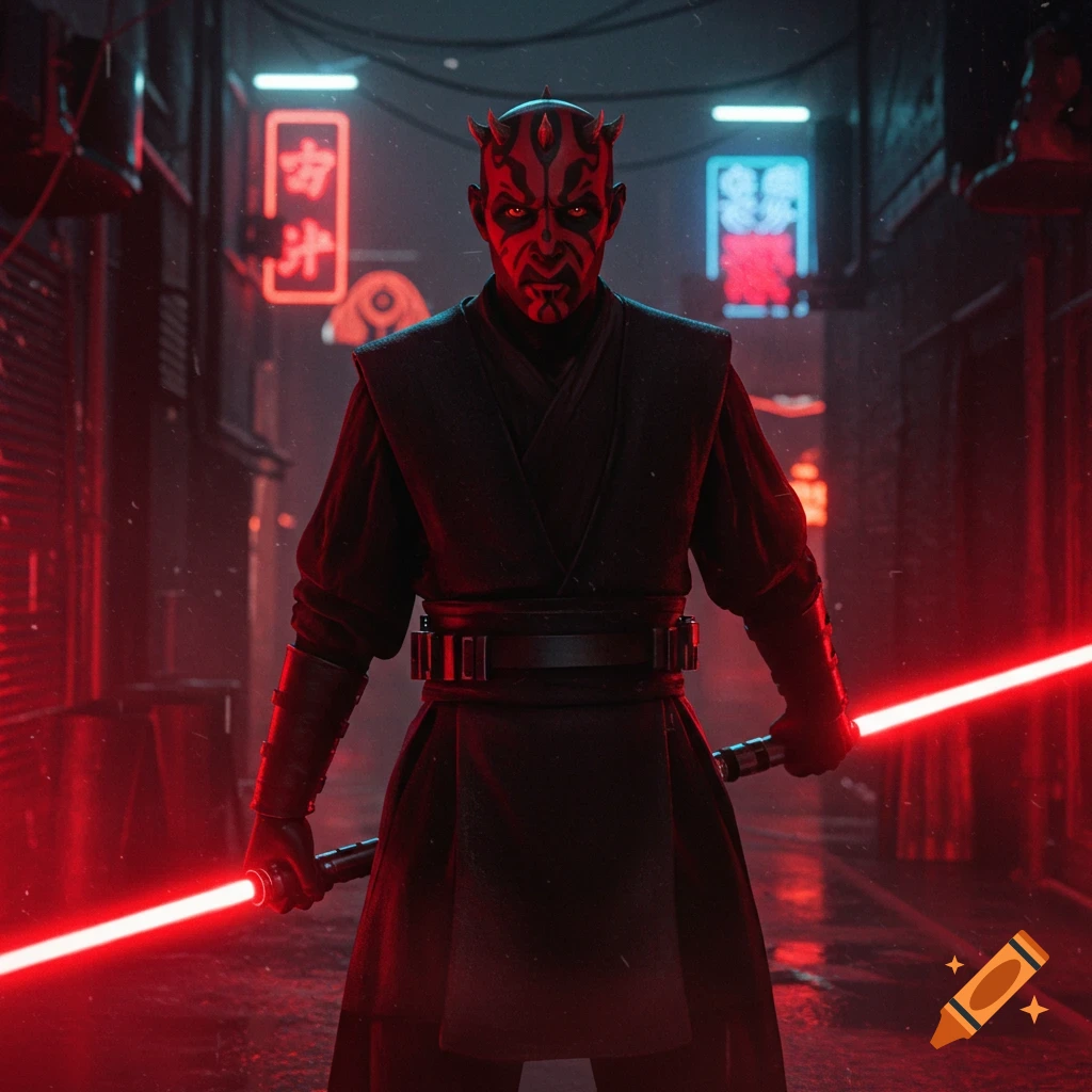 Darth Maul holding two red lightsabers in a dark, neon-lit cyberpunk alley, glaring intensely.