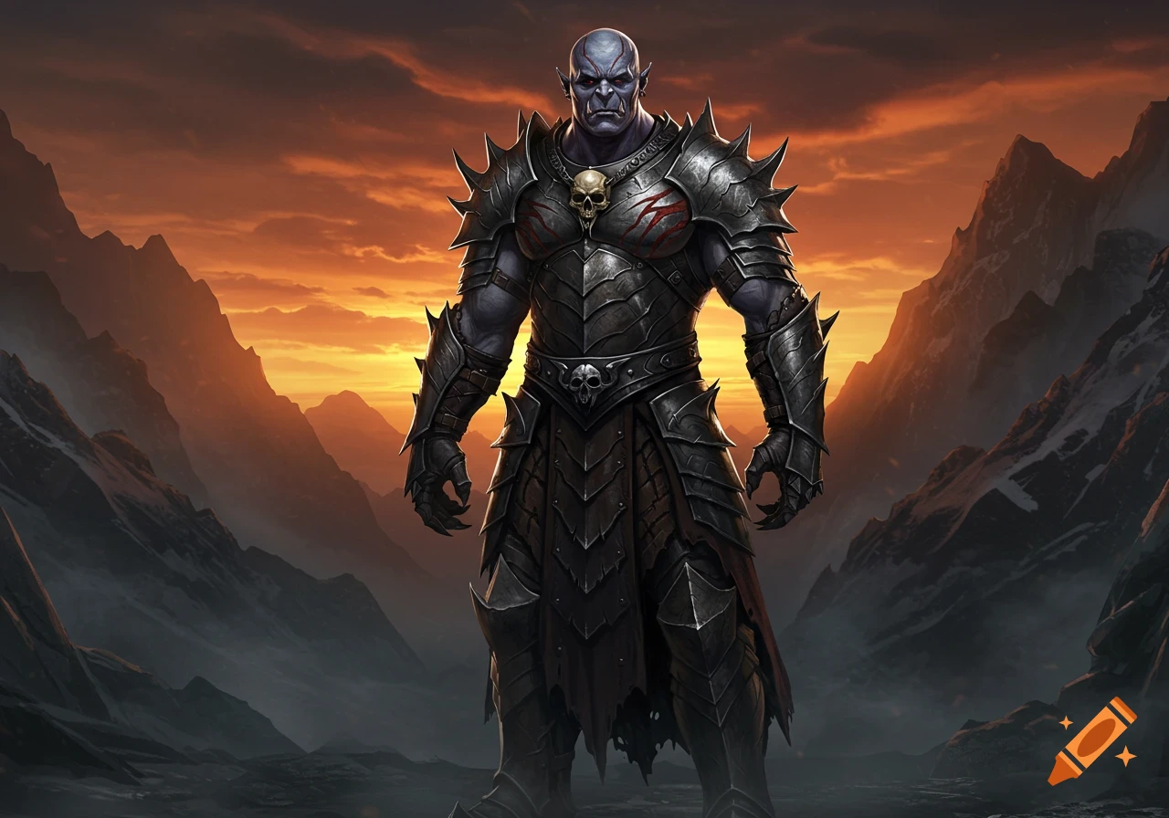 A muscular, grey-skinned orc in spiked black armor stands on a mountain overlooking a valley at sunset.