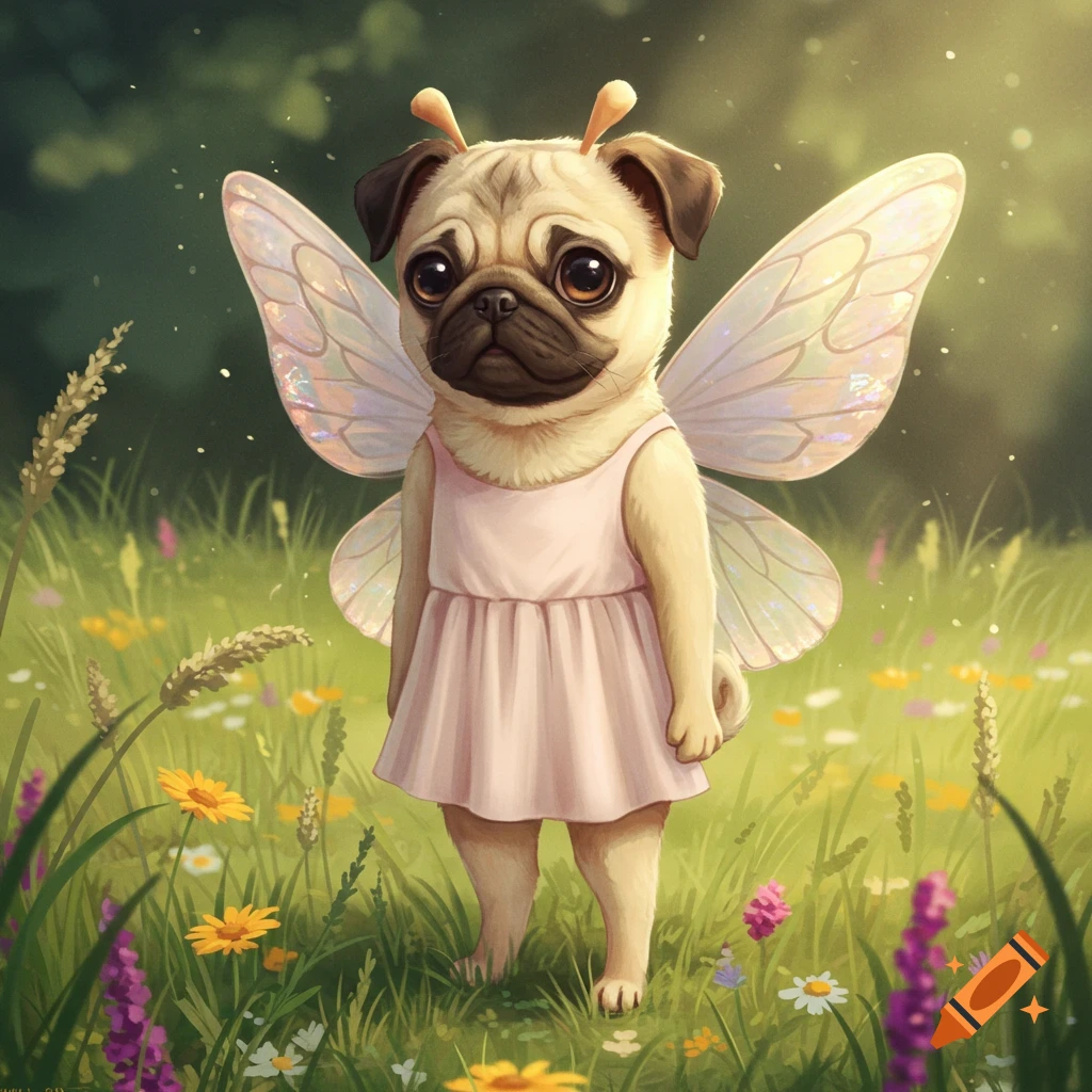 A cute pug dog with fairy wings and a pink dress stands in a vibrant, grassy field filled with wildflowers.