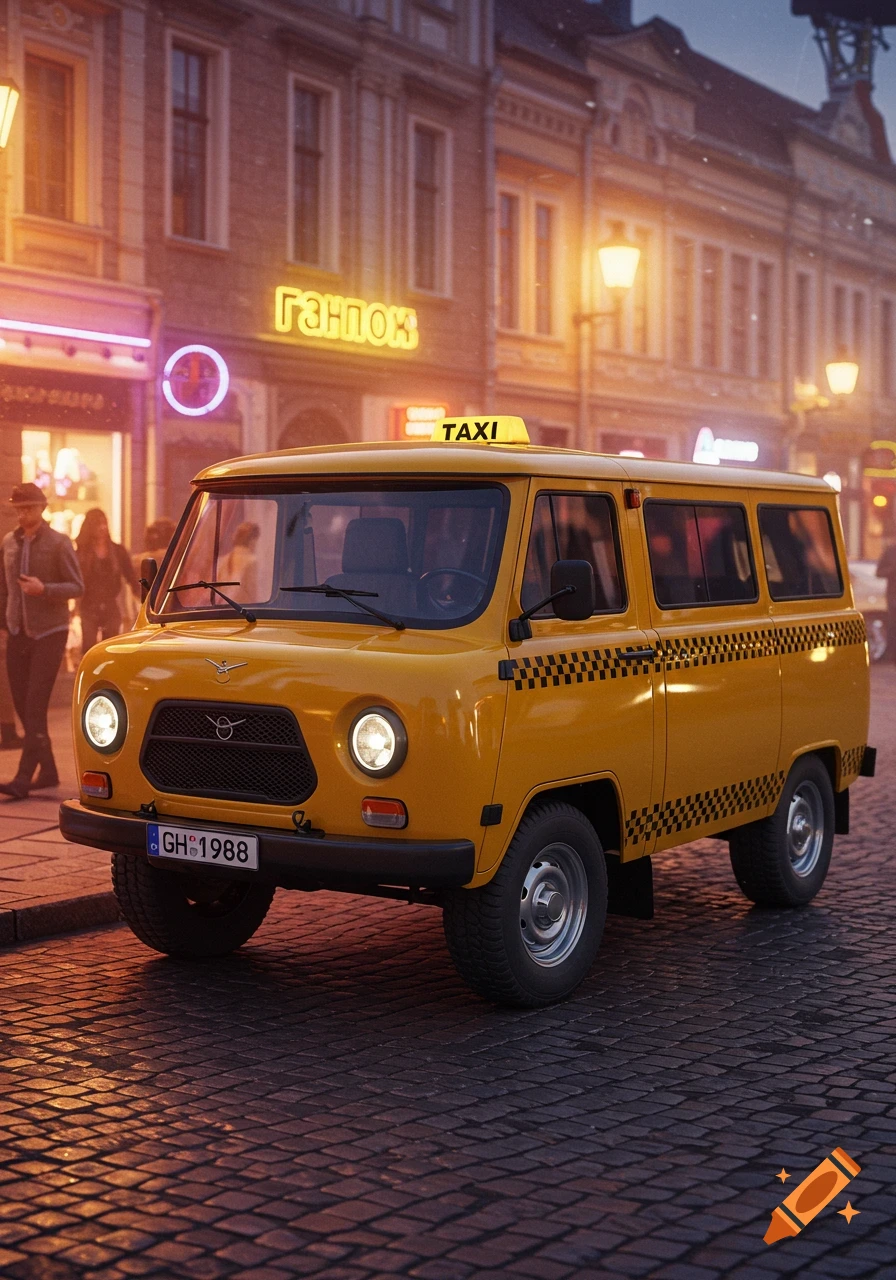 A yellow UAZ-452 'Bukhanka' taxi van parked on a cobblestone street at night, illuminated by streetlights and neon signs.