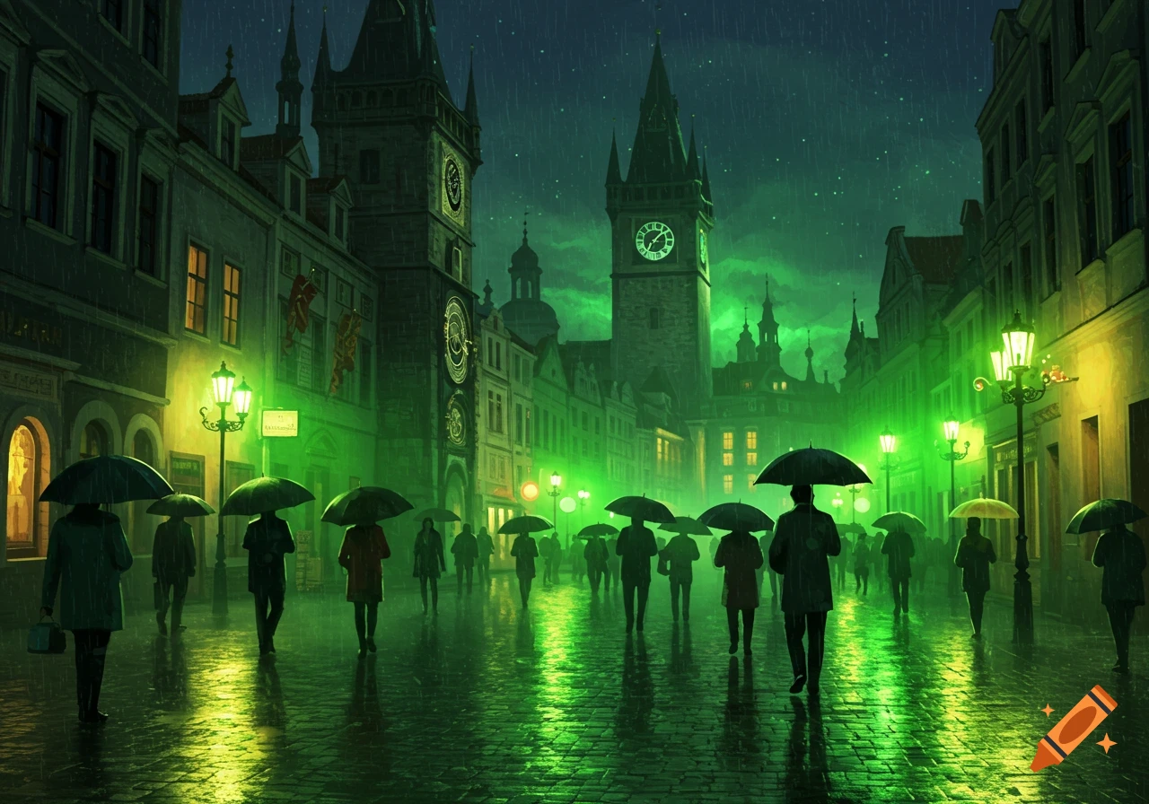 Stylized view of people with umbrellas walking on a wet street in a European city at night, illuminated by green glowing streetlights and sky.