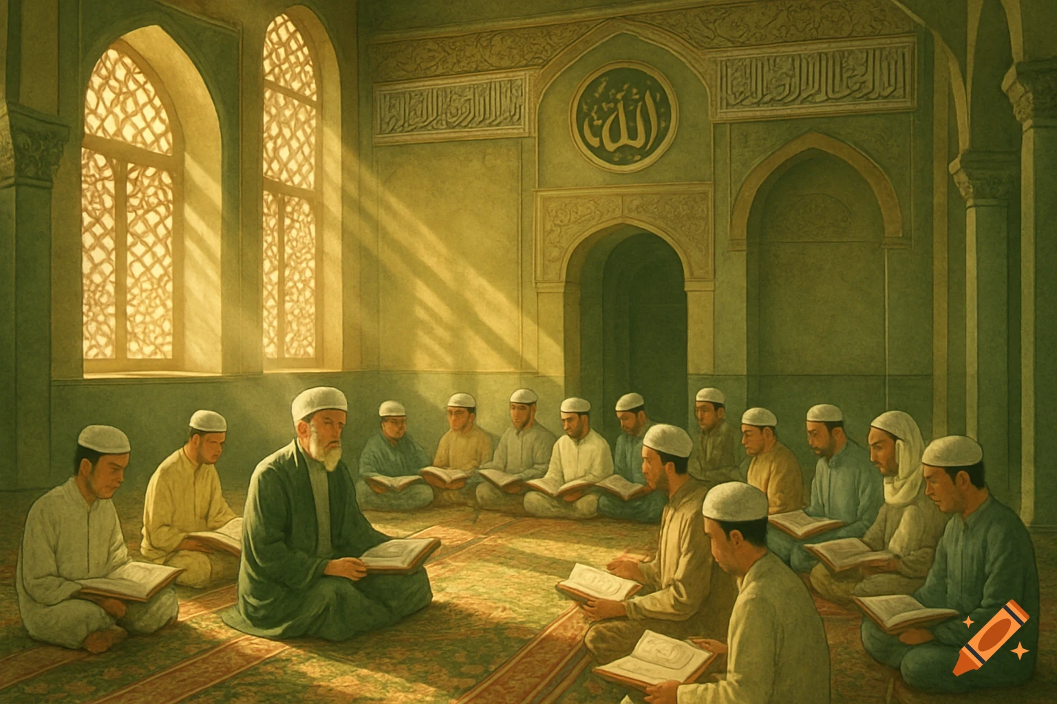 An older man in traditional attire teaches a group of younger men reading books in a warmly lit mosque with ornate windows and calligraphy.