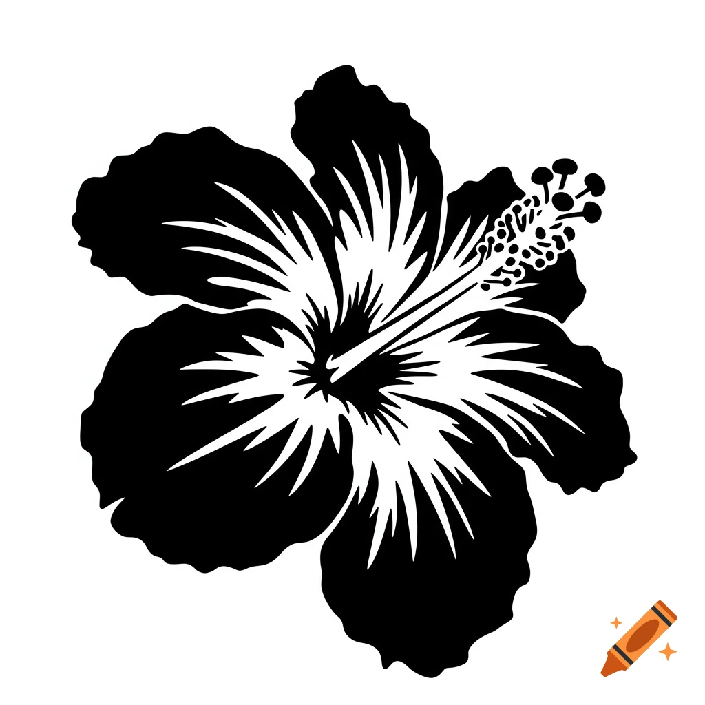 Black and white stencil illustration of a hibiscus flower.