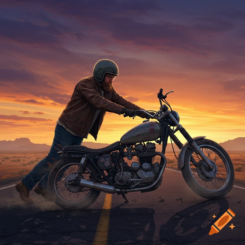 A bearded man in a helmet pushes a motorcycle down a desert road at sunset.