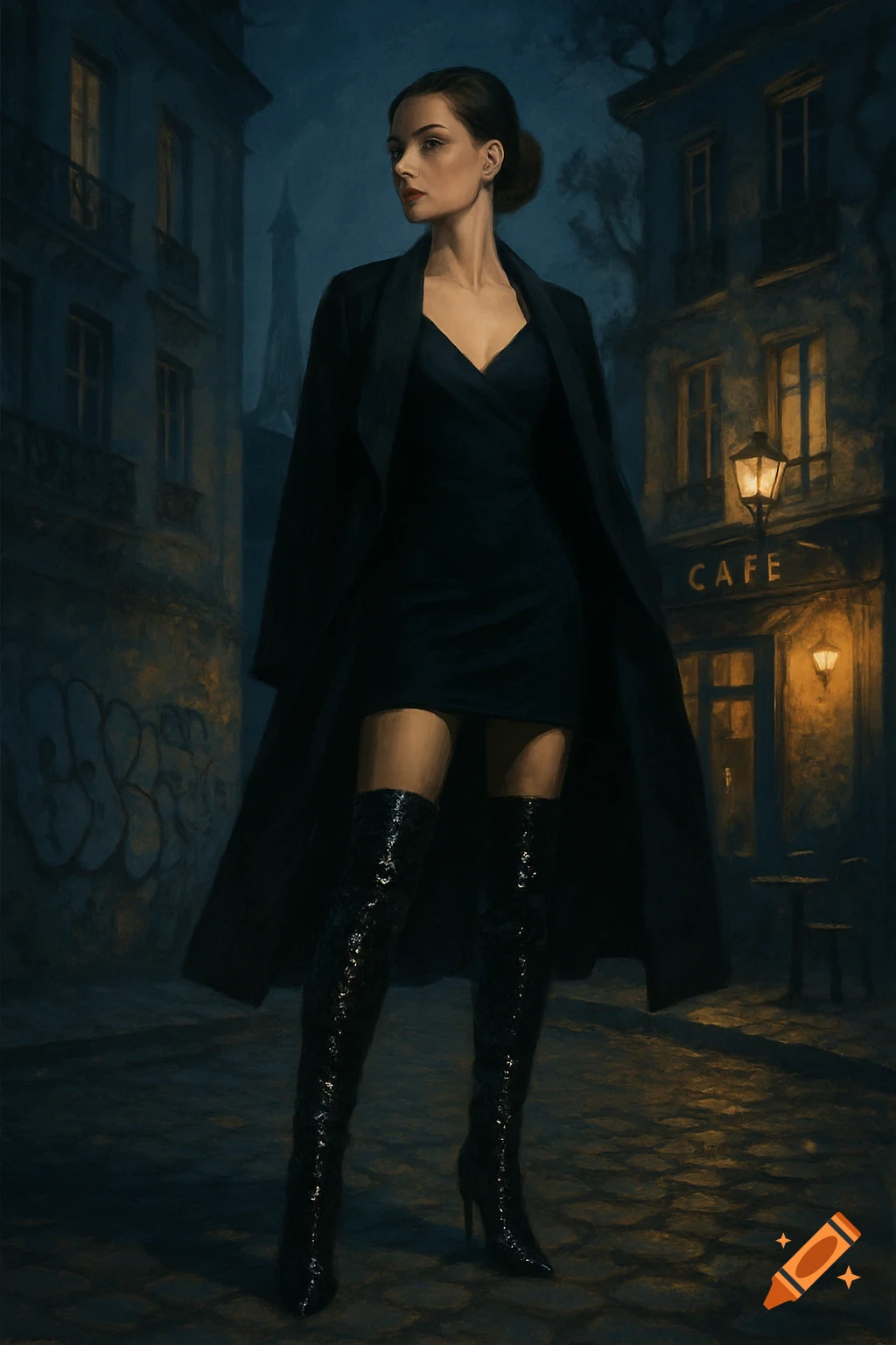 A woman in a black dress and shiny thigh-high boots stands on a cobbled street at night, with a cafe sign in the background.