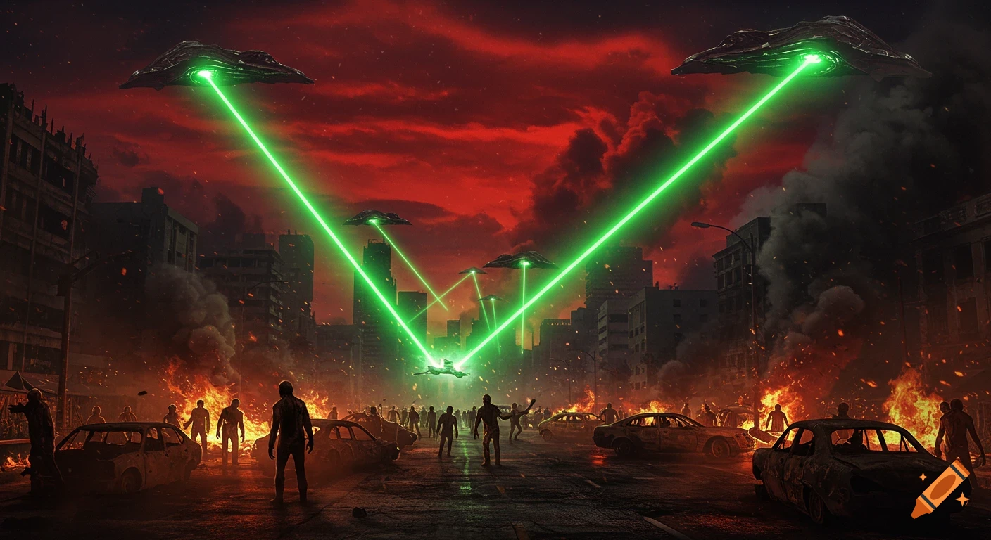 Cinematic view of an alien invasion in a destroyed city at night, with spaceships firing green beams at zombies and burning cars under a red sky.