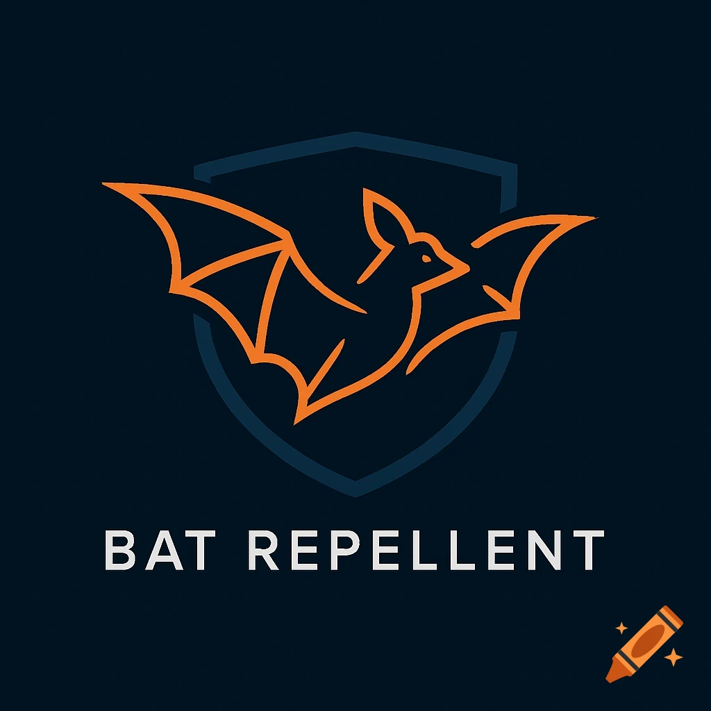A minimalist orange line art bat with outstretched wings flies within a dark blue shield outline, above the words "BAT REPELLENT" on a dark background.