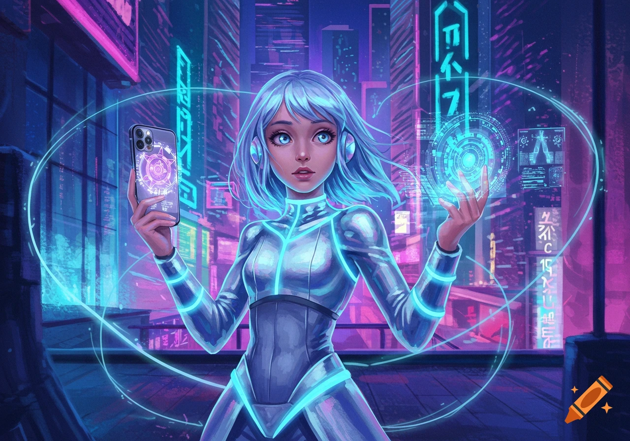 A blue-haired anime girl in a glowing futuristic suit holds an iPhone and conjures a hologram in a neon cyberpunk city at night.