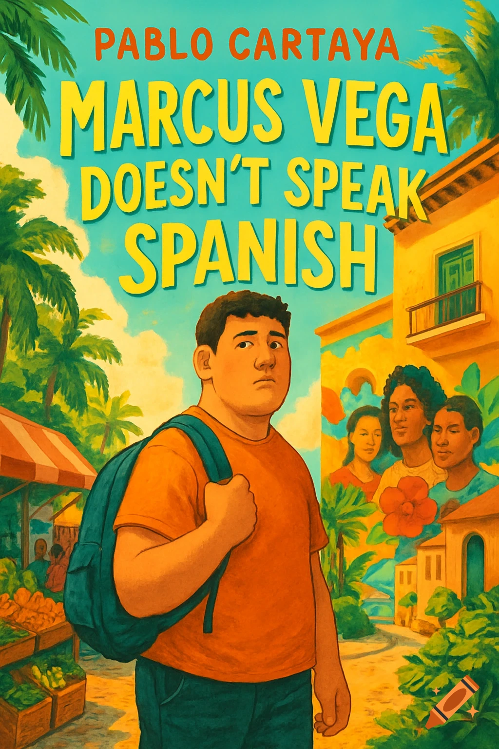 Colorful illustration of a boy with a backpack on a street, with the book title 'Marcus Vega Doesn't Speak Spanish'.