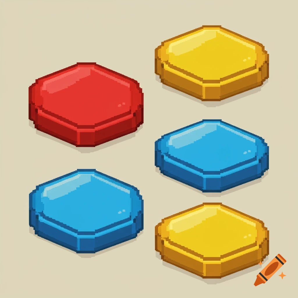 Five isometric pixel art hexagonal buttons, red, blue, and yellow, with a glossy finish on a light background.