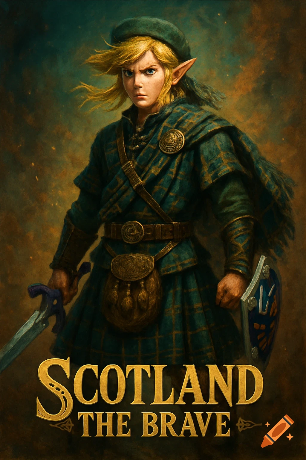 A fantasy character resembling Link in Scottish plaid attire, holding a sword and shield, with 'SCOTLAND THE BRAVE' text below, in a painterly style.