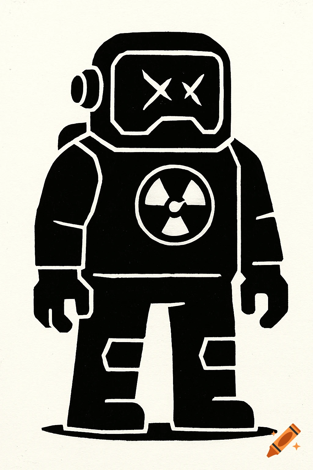 Black and white linocut illustration of a robot in a hazmat suit with 'XX' eyes and a radiation symbol on its chest.
