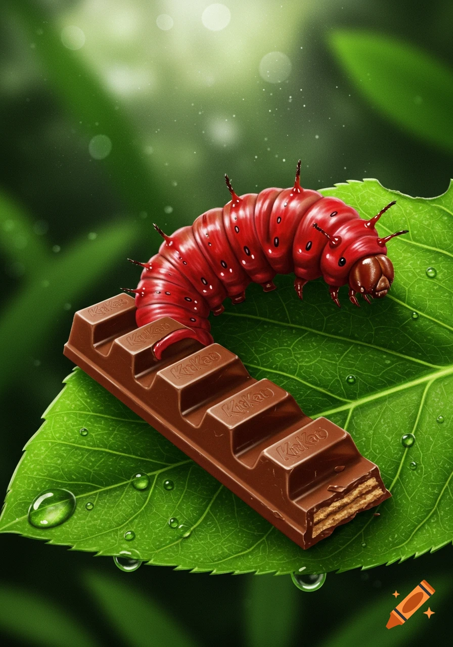 A vibrant red caterpillar crawls on a Kit Kat-like chocolate bar resting on a dewy green leaf, photorealistic digital art.