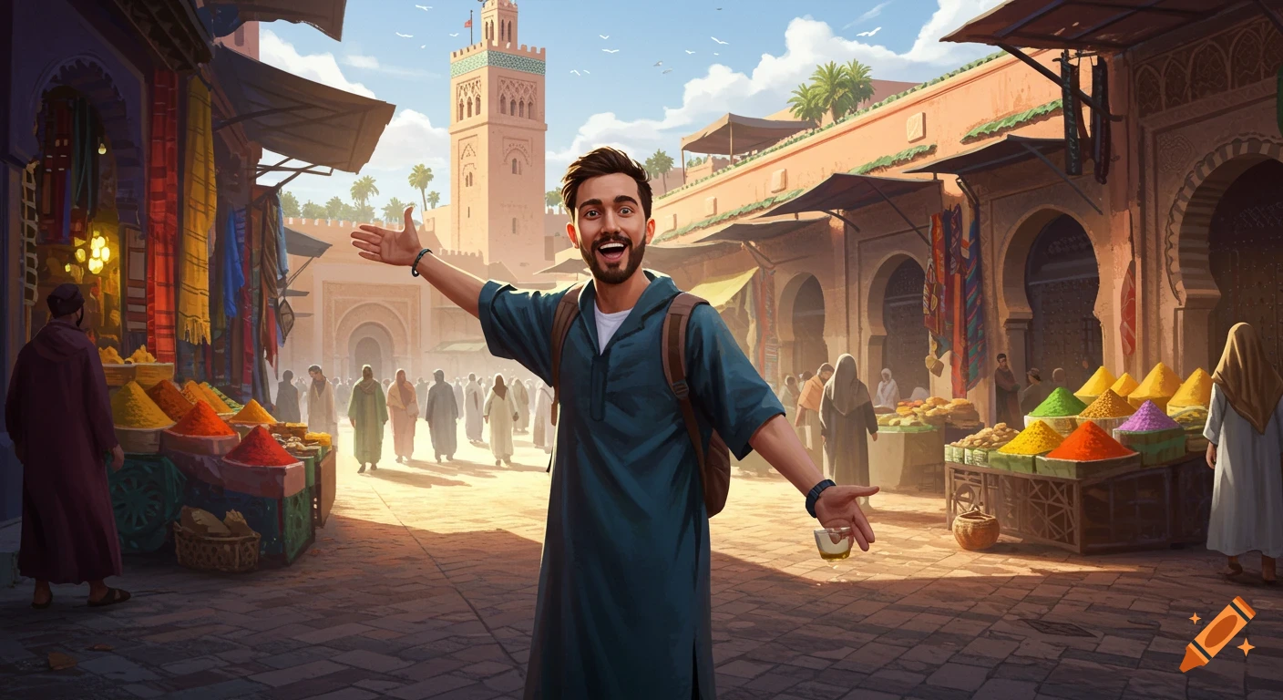 A smiling man with a backpack in a vibrant market with spice stalls, people, and a towering minaret under a sunny sky.