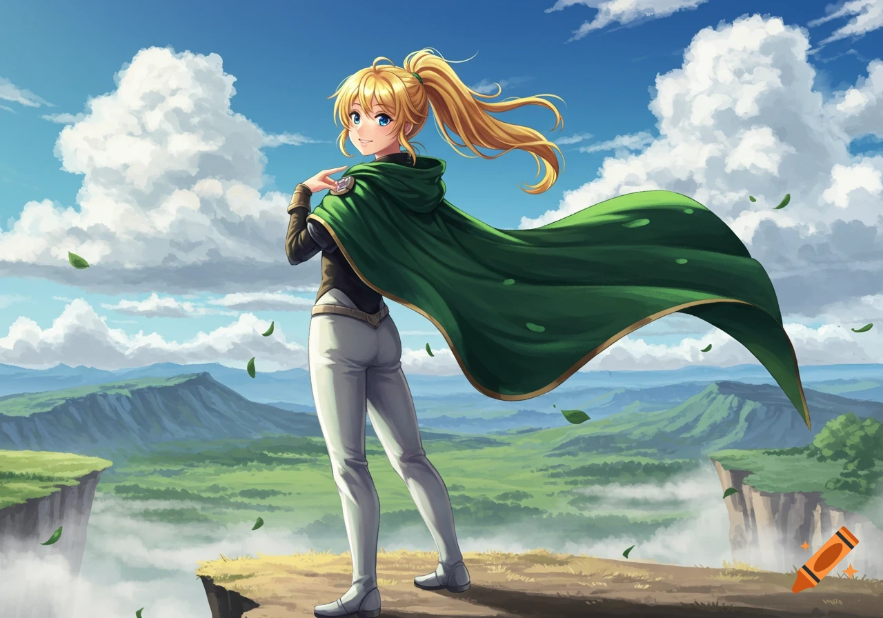 Anime girl with blonde ponytail and green cape stands on a cliff overlooking a vast green valley.