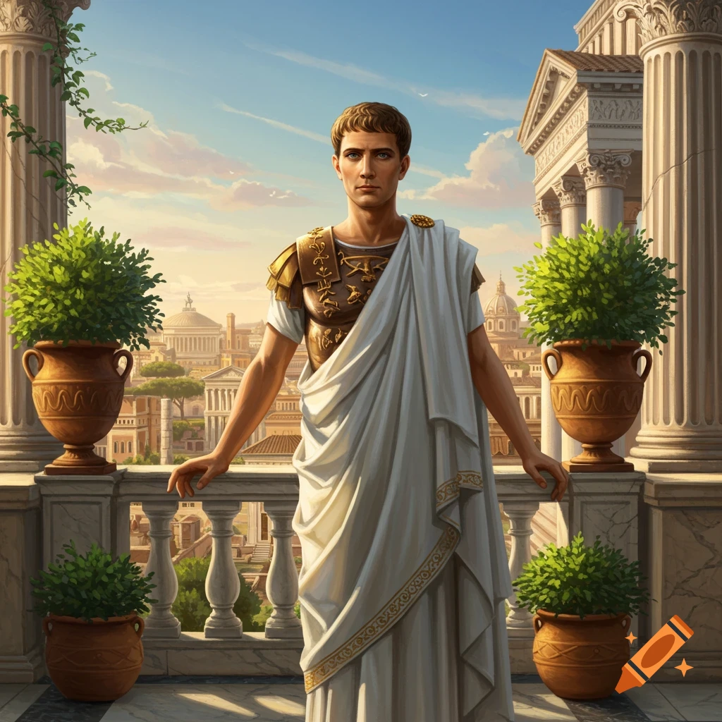 A man in Roman attire, possibly Emperor Augustus, stands on a classical balcony overlooking an ancient city at sunset.