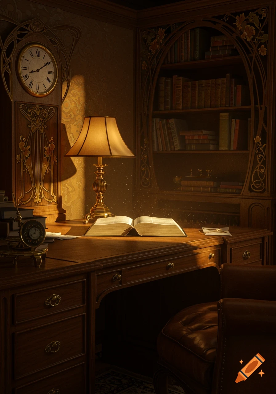 A warmly lit Art Nouveau study with a desk, an open book, a lamp, and a tall grandfather clock.