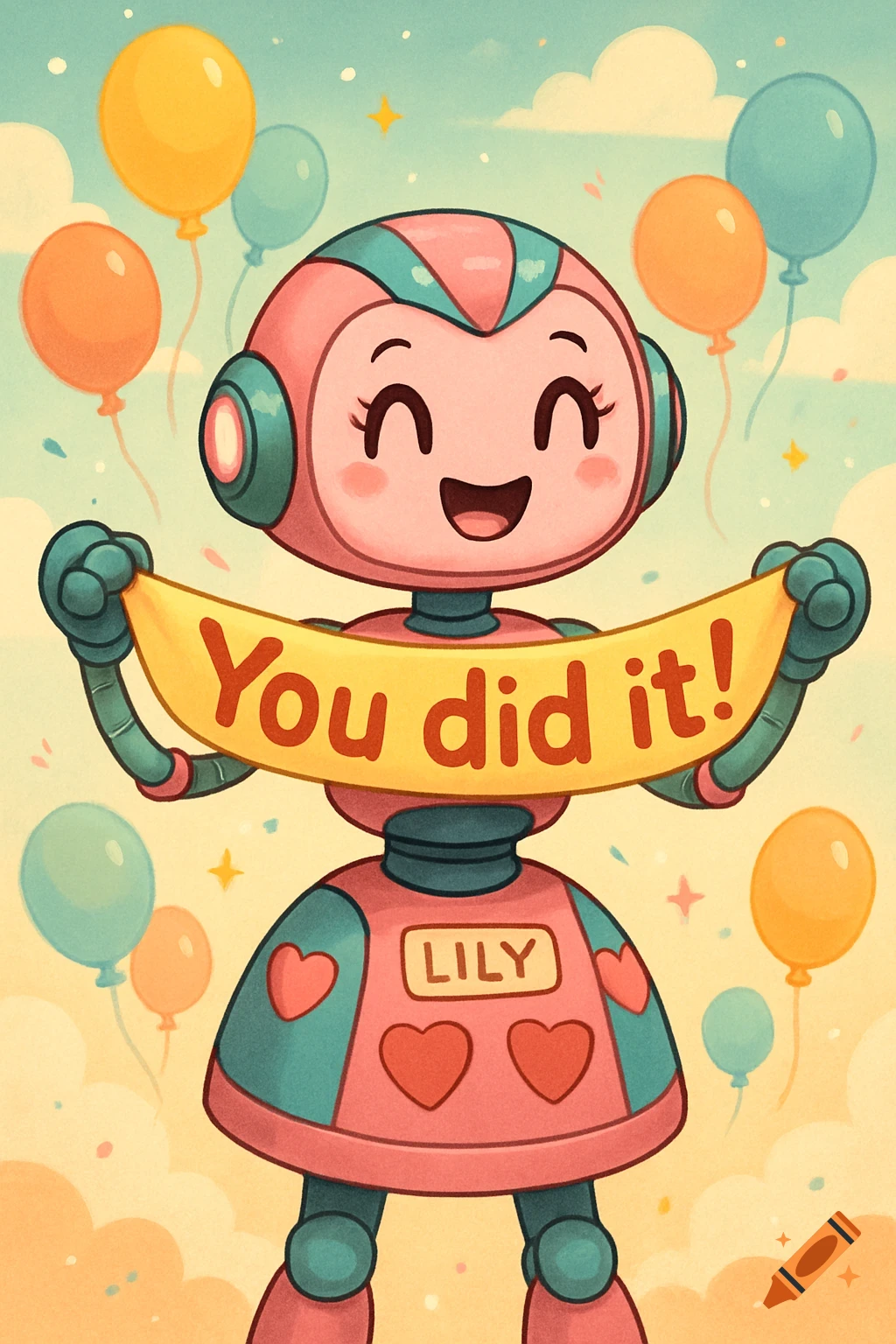 A friendly pink and teal cartoon robot named Lily holds a yellow banner that says 'You did it!' surrounded by colorful balloons.