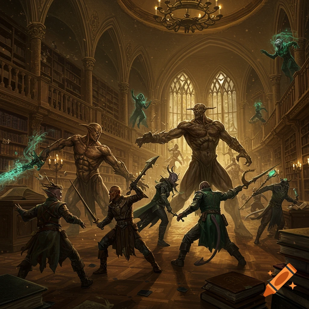 An epic fantasy battle in a grand, ornate library featuring adventurers fighting large horned demons and drow, with glowing spirits.