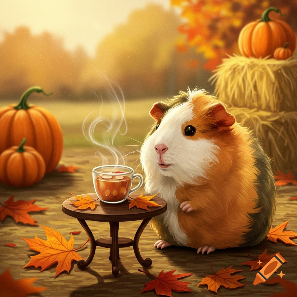A cute guinea pig sits beside a steaming cup of cider on a tiny table, surrounded by fall leaves, pumpkins, and hay bales in an autumn illustration.