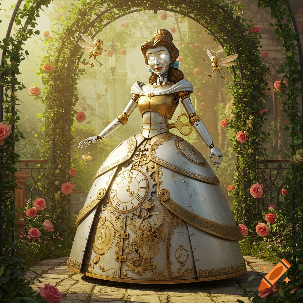 Steampunk Princess Belle robot with glowing eyes in an ornate clockwork dress, standing in a rose garden with flying robot bees.