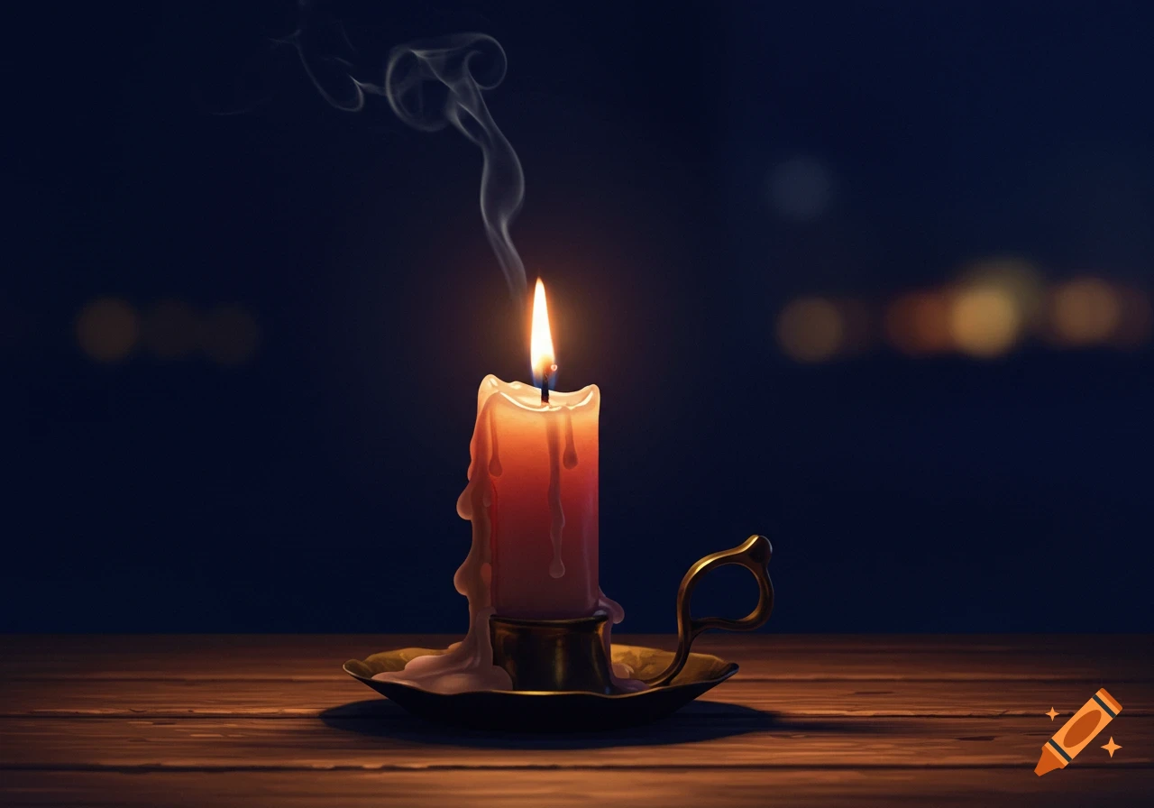 Photorealistic close-up of a lit candle with melting wax and rising smoke in a brass holder on a wooden table.