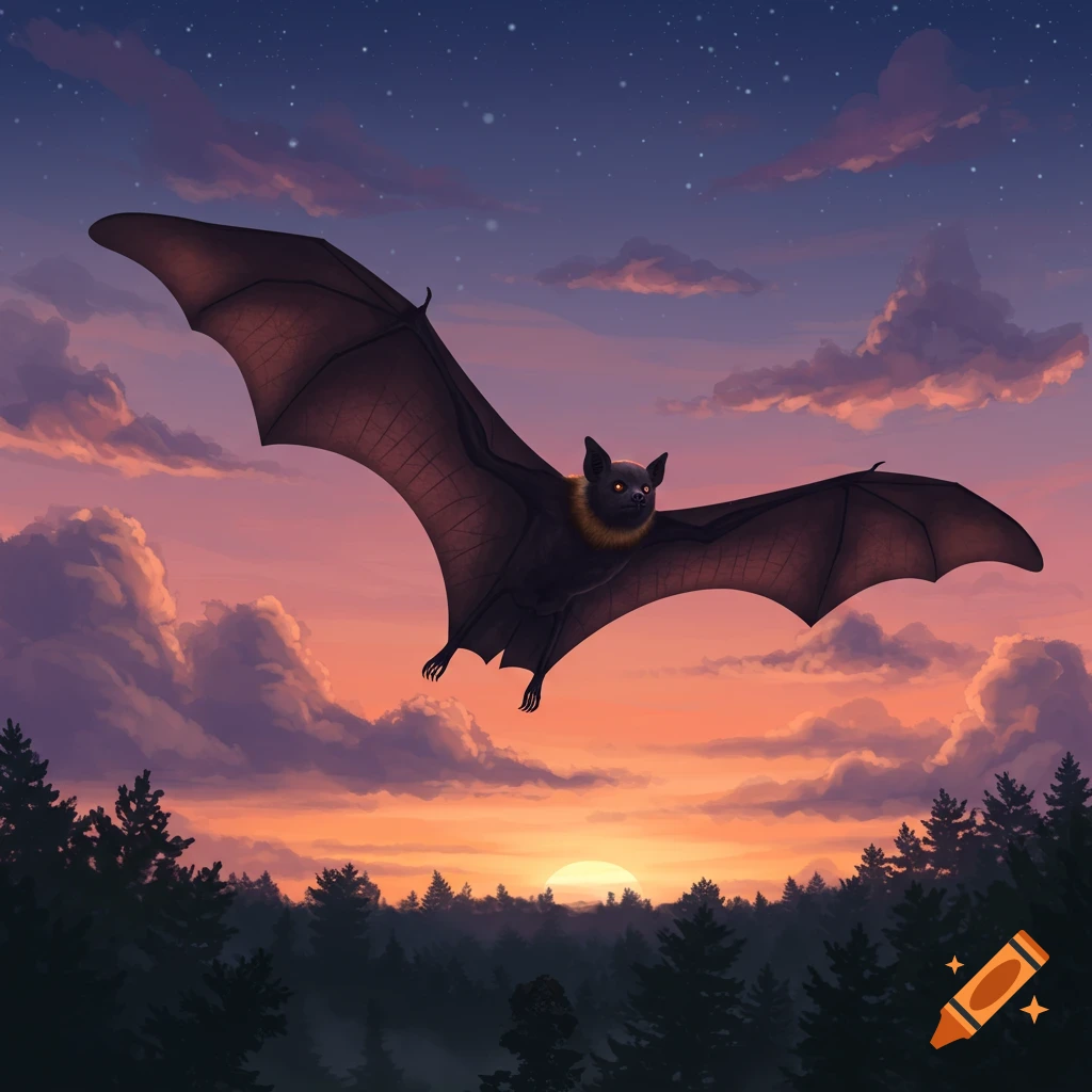 Illustrative dark bat with large wings flying across an orange and purple sunset sky above a dark forest and faint stars.
