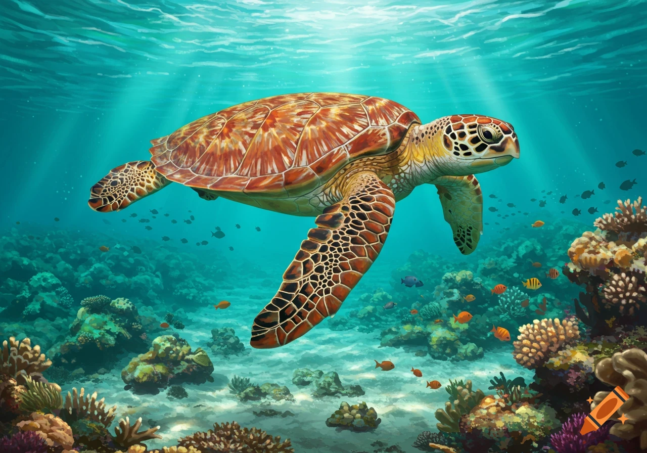 A vibrant sea turtle swims gracefully through clear blue water over a colorful coral reef with small fish and sun rays.