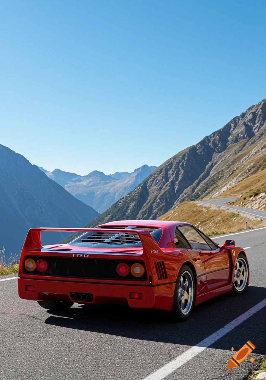 A red Ferrari F40 sports car drives on a winding mountain road under a clear blue sky, viewed from the rear.