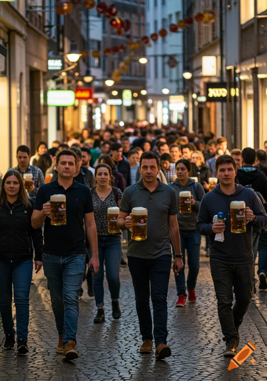 A large crowd of people walk down a narrow city street lined with buildings and decorations, many holding large beer mugs, in a photorealistic style.