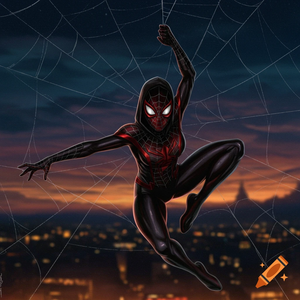 A female superhero in a black and red Spider-Woman suit with a hood hangs on a web against a city skyline at sunset in comic art style.