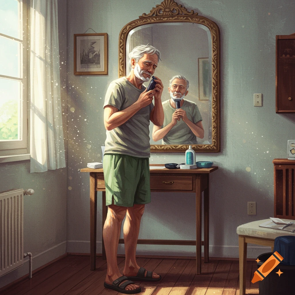 An old man with white hair shaves his face with an electric razor in front of an ornate mirror, wearing a grey T-shirt and green shorts, in a sunlit room. Illustration style.