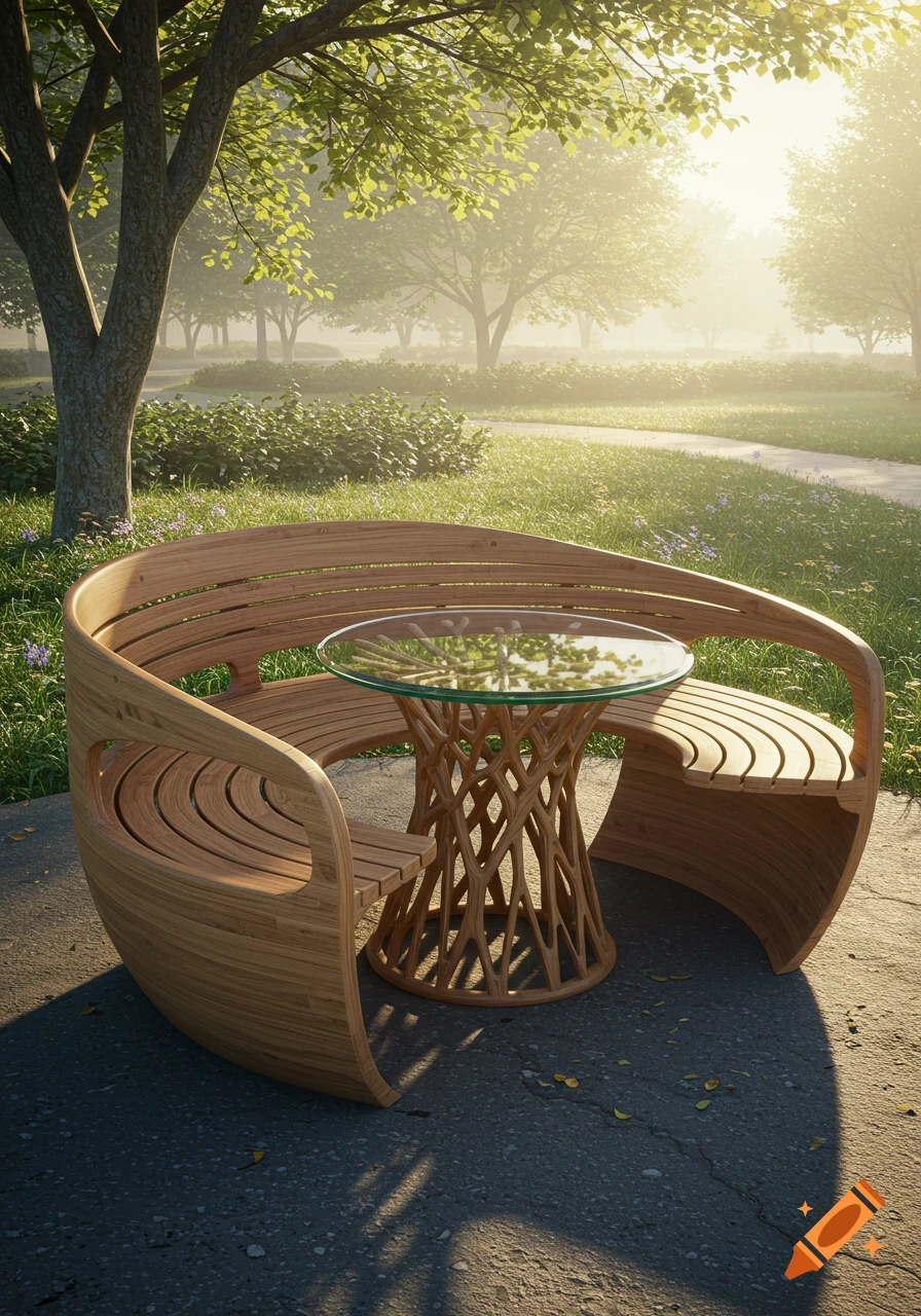 A photorealistic image of a modern, circular wooden bench and table with an intricate base in a sunny park setting.