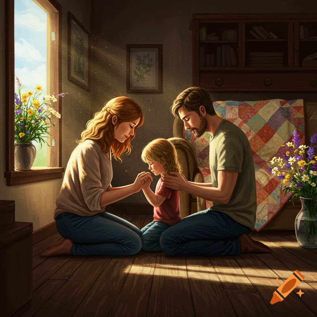 A mother, father, and child kneel on a wooden floor, hands clasped in prayer, bathed in sunlight from a nearby window.