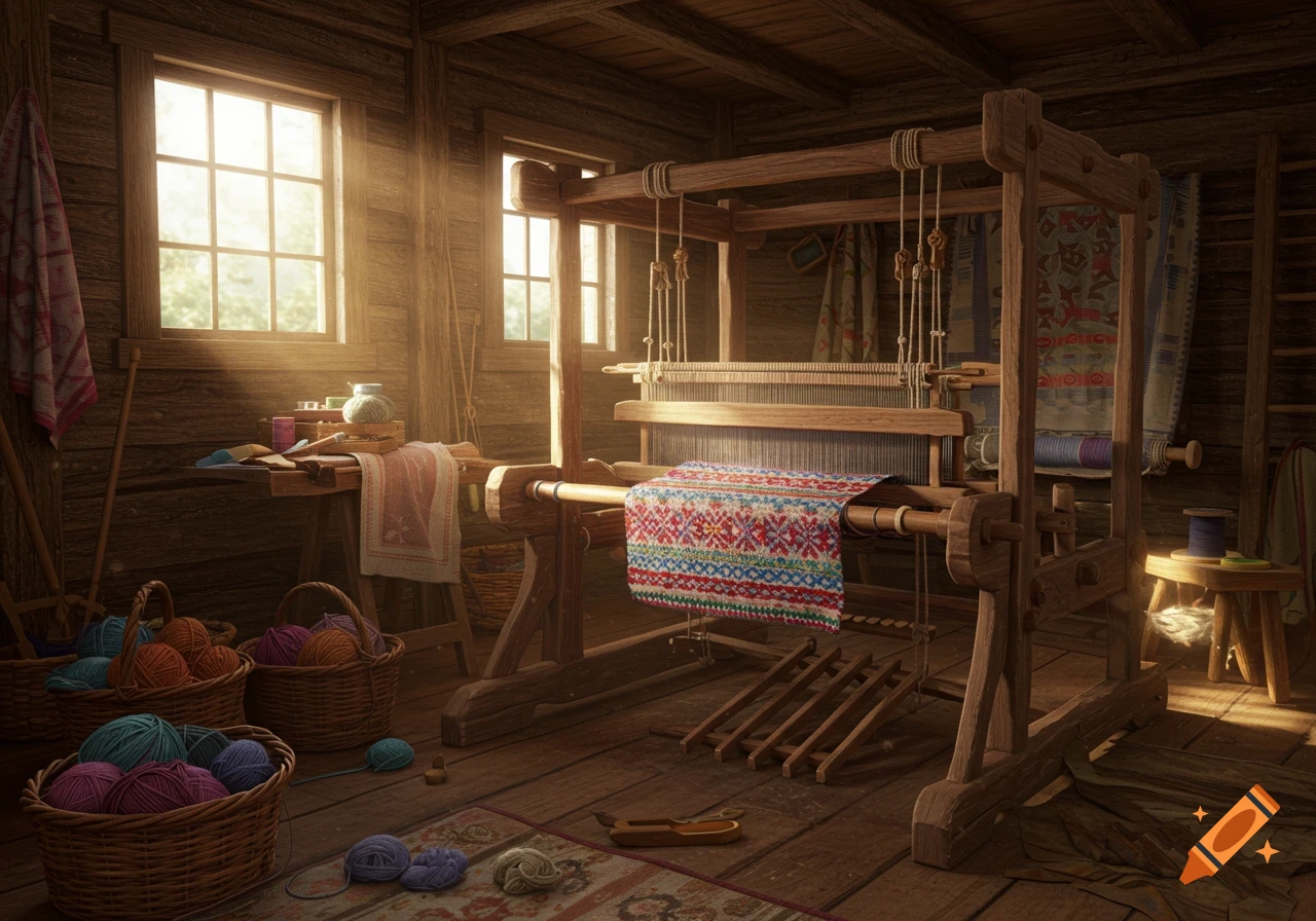 Rustic wooden weaving workshop with a large loom, colorful patterned textile, and baskets of yarn, illuminated by sunlight.