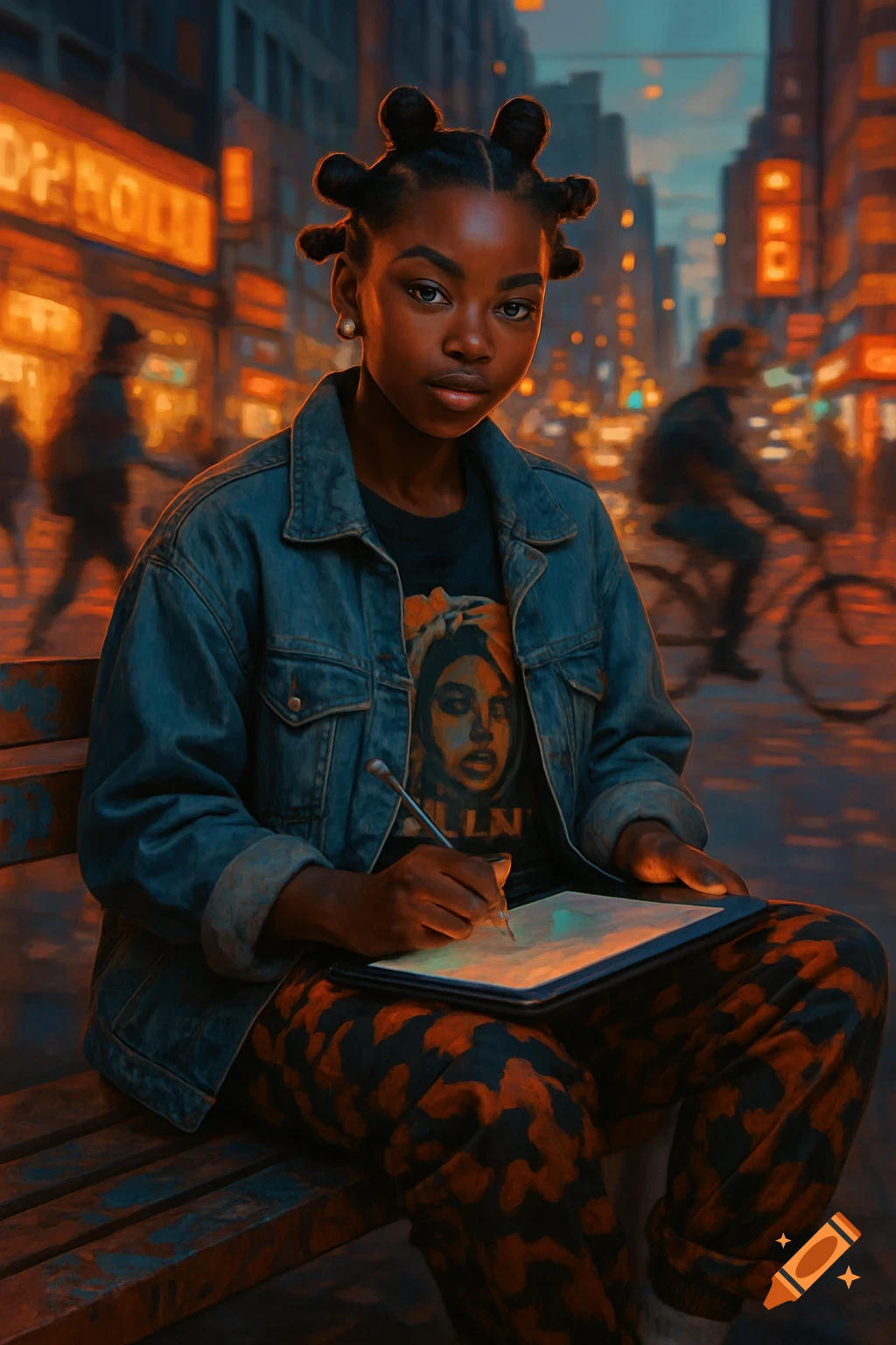 A young Black woman with Bantu knots, wearing a denim jacket, sketches on a tablet on a bench in a vibrant, neon-lit city street.