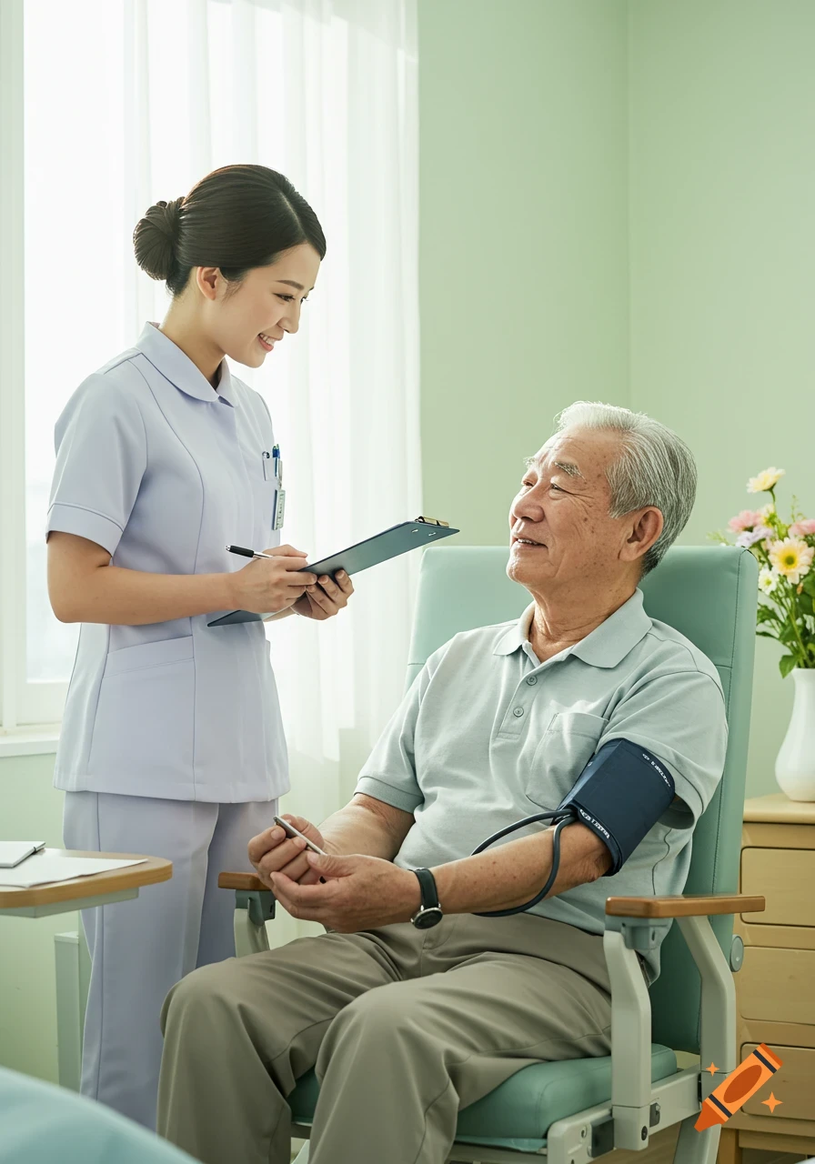 A smiling nurse stands next to an elderly male patient seated, checking his blood pressure in a medical room.