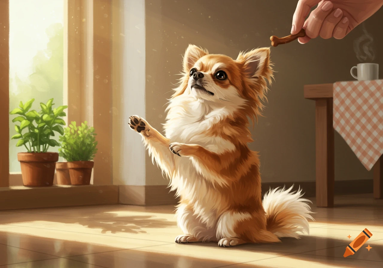 A fluffy long-haired chihuahua sits on its hind legs, begging for a bone-shaped treat offered by a hand in a sunny room.