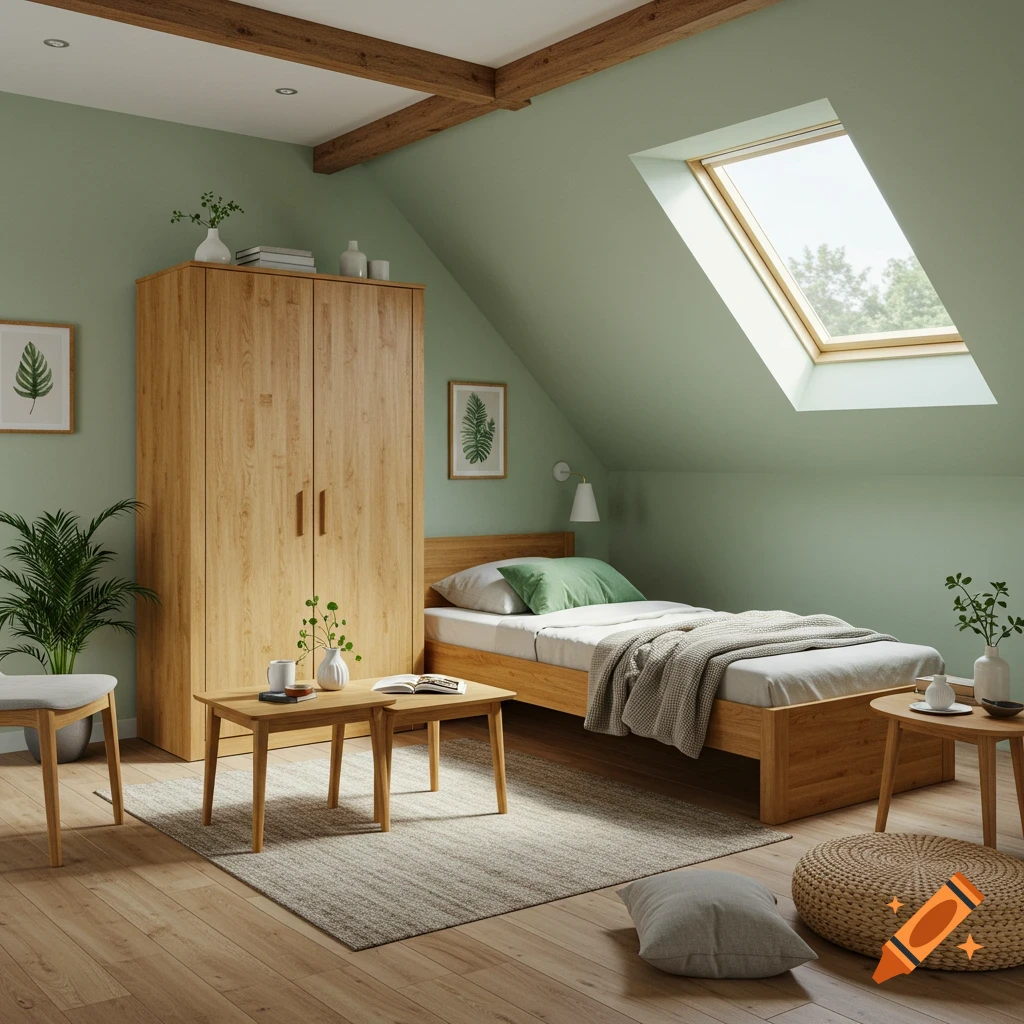 Bright, minimalist bedroom with light green walls, wooden bed, wardrobe, and tables, a skylight, and a rug. Photorealistic style.