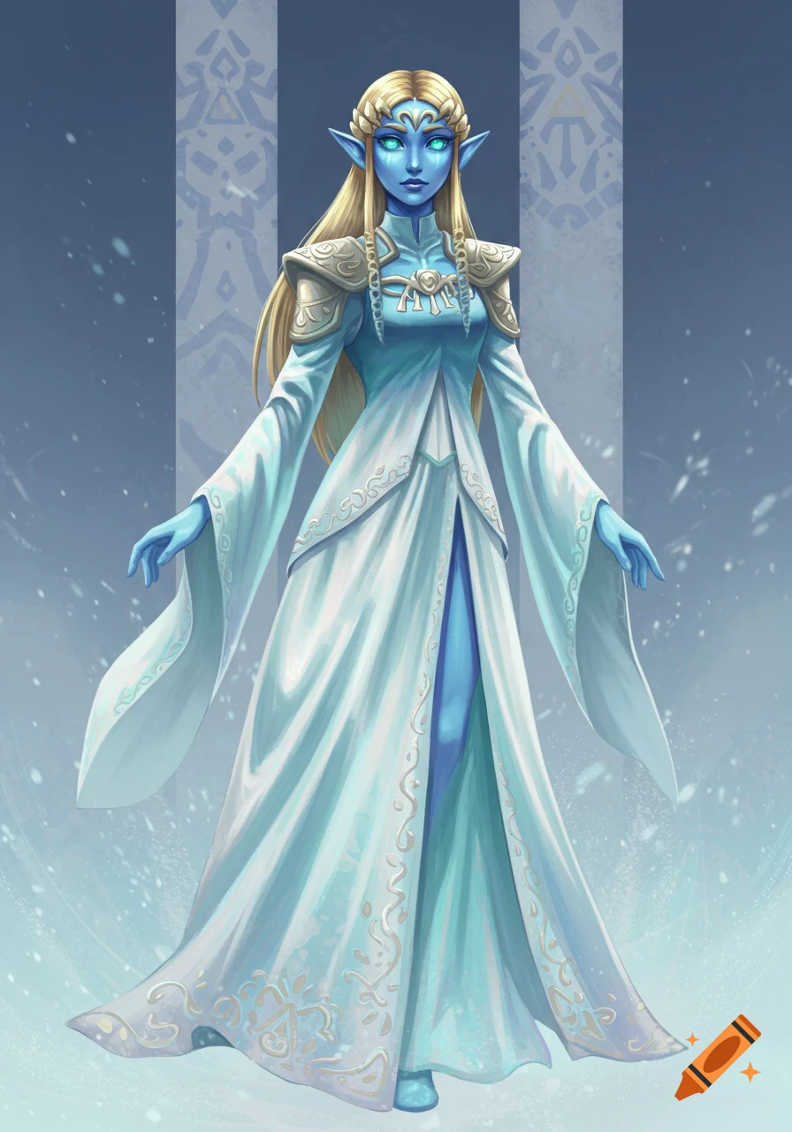 A full-body digital painting of a blue-skinned, blonde-haired elf-like woman with glowing teal eyes, wearing an elegant white and pale blue ceremonial dress with gold accents, against a light blue background with patterns and falling snow.